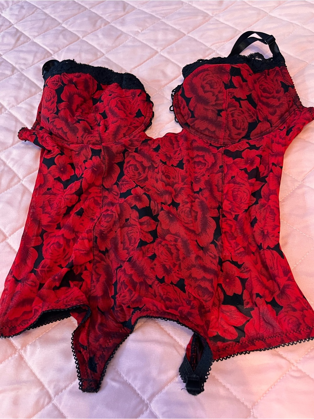 Red Floral Bustier Bodysuit with Black Accents
